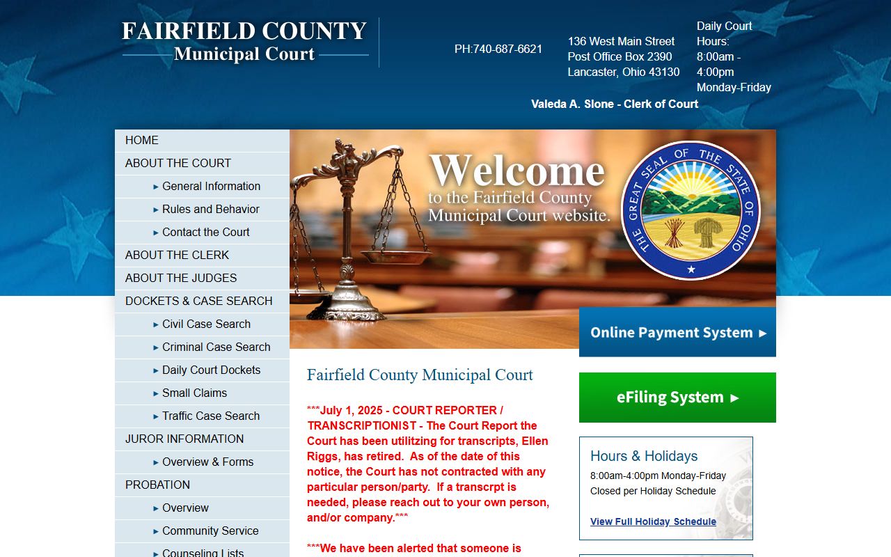 Lancaster Ohio court docket Fairfield County Municipal Court website