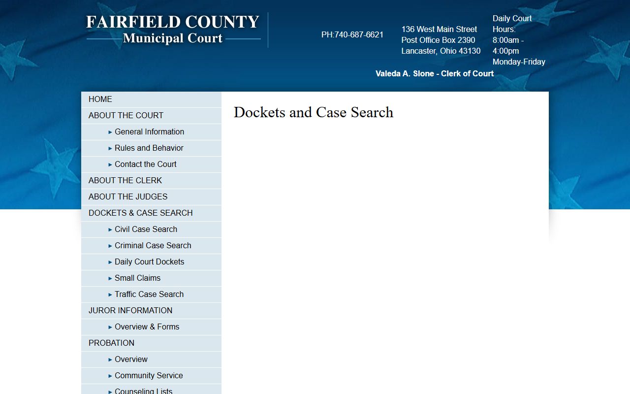 Lancaster Ohio court docket search and dockets page Fairfield County Municipal Court