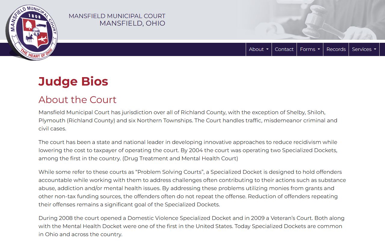 Mansfield Ohio court docket judge information page
