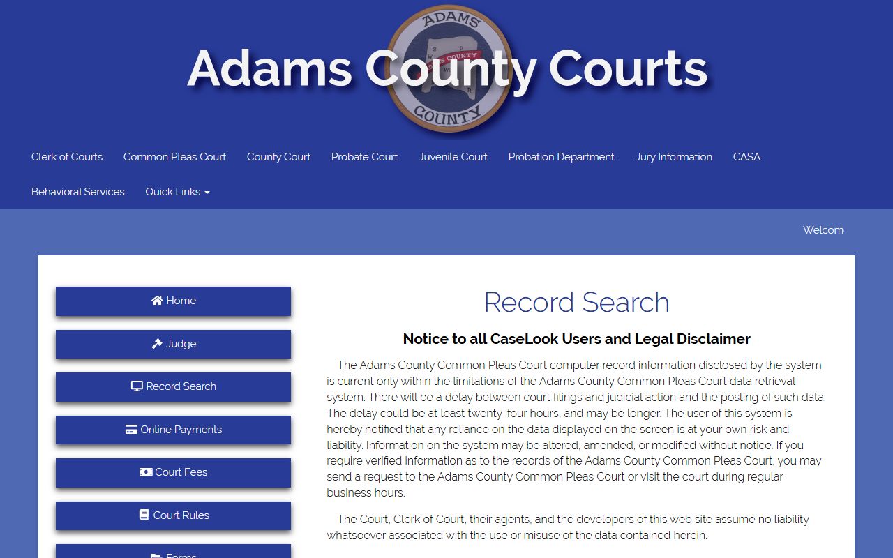 Adams County Ohio court docket record search portal