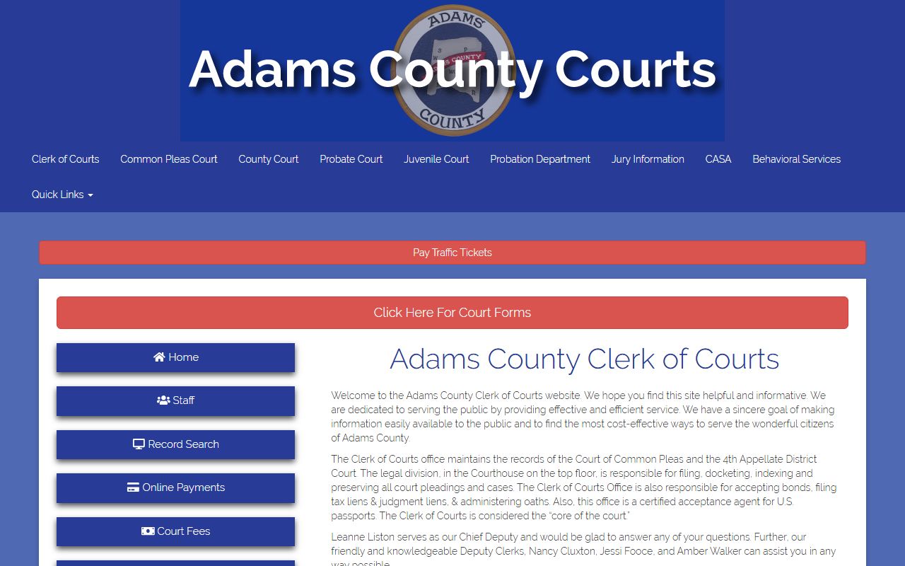 Adams County Clerk of Courts office page for court docket records