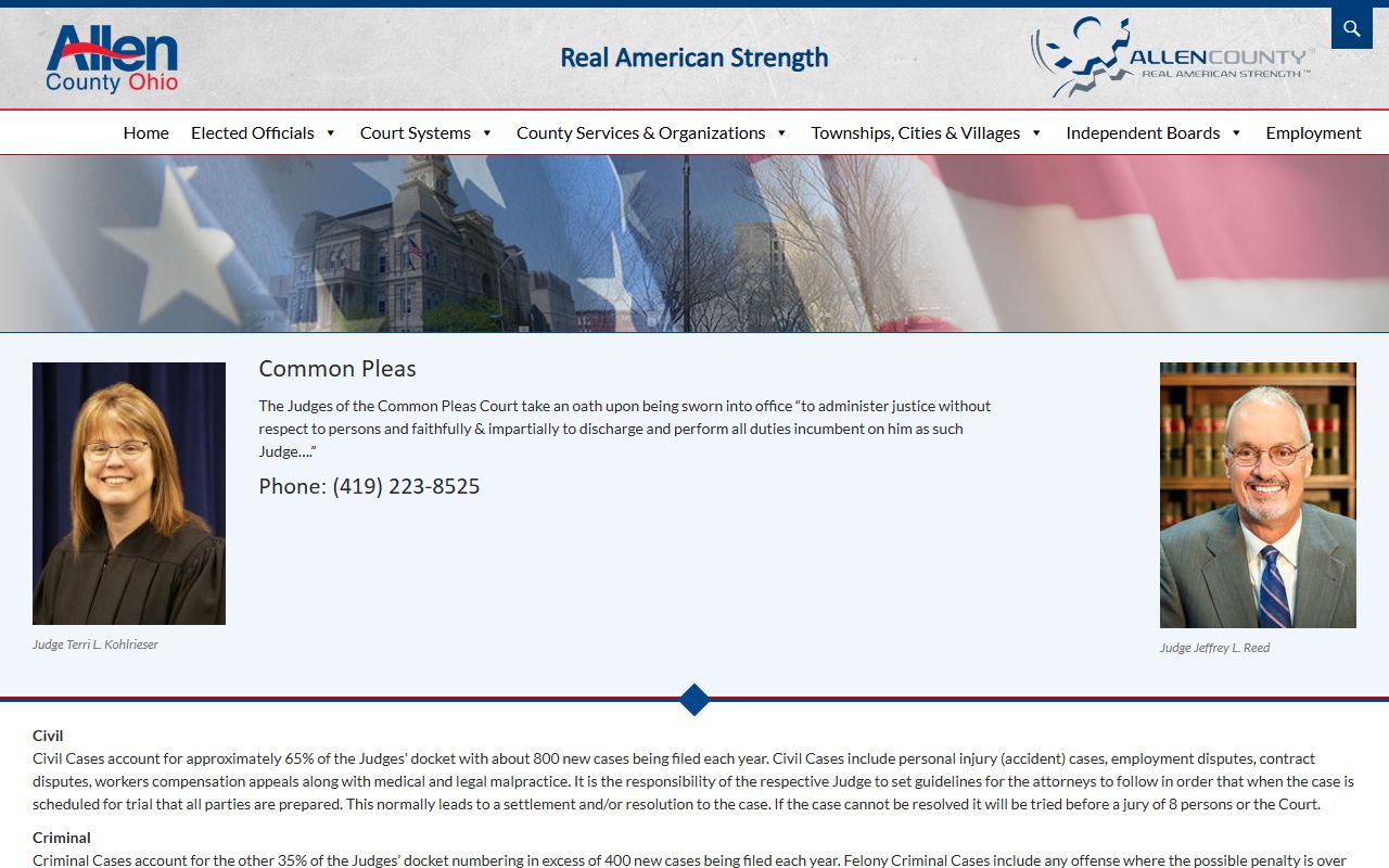 Allen County Common Pleas Court page with court docket information
