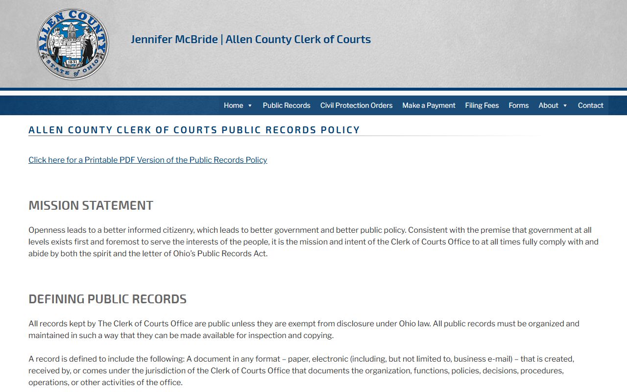 Allen County Clerk of Courts public records policy for court docket access