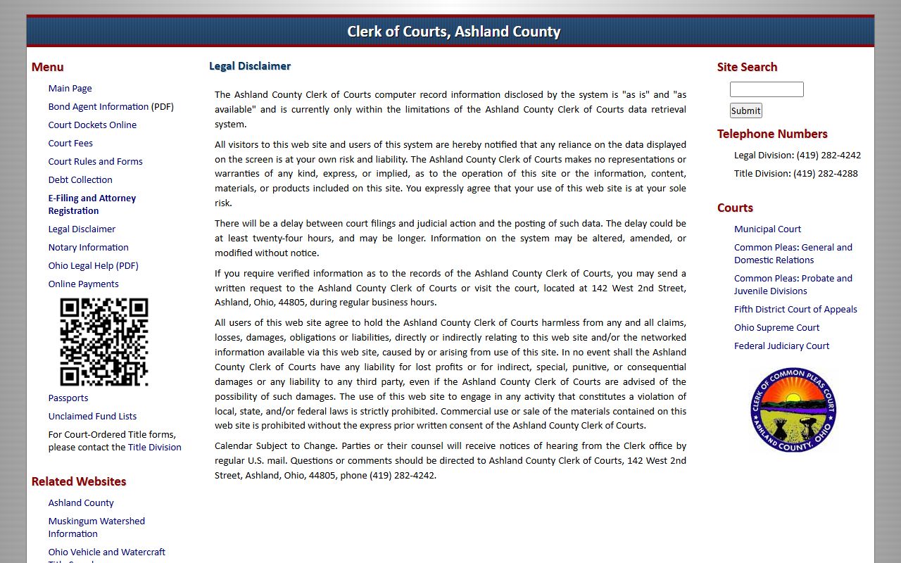 Ashland County Clerk of Courts disclaimer page for court docket records
