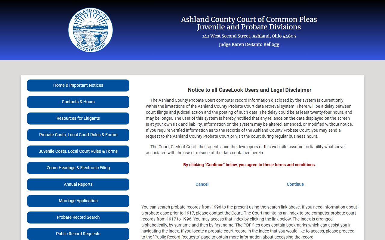 Ashland County Probate Court record search for court docket entries