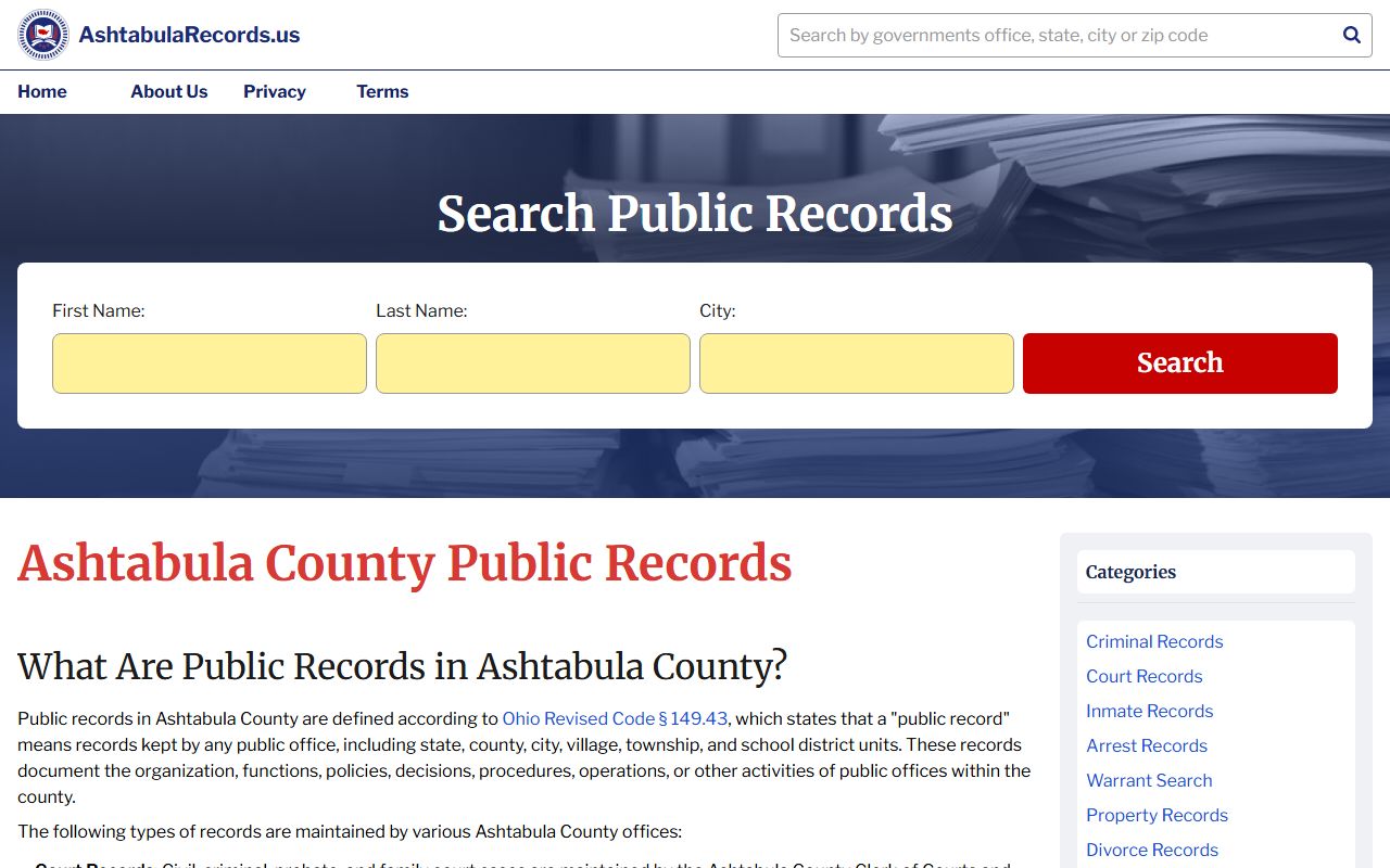Ashtabula County courts system page for court docket search