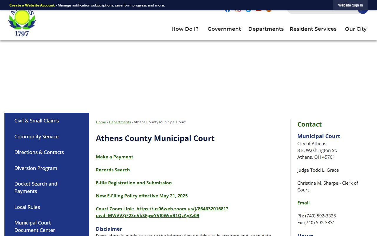 Athens County Municipal Court page for court docket searches