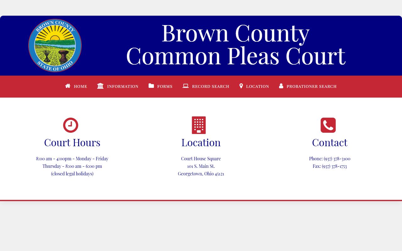 Brown County Common Pleas Court page with court docket details