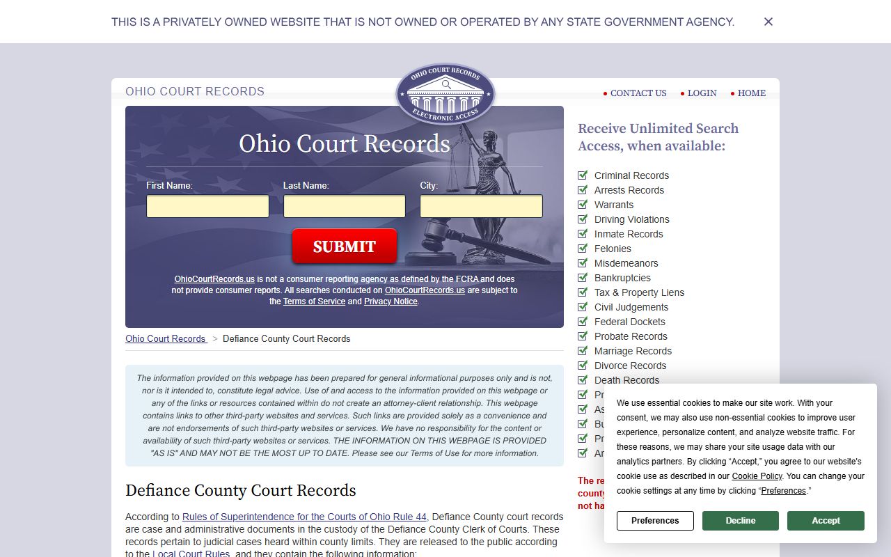 Defiance County court docket records overview page