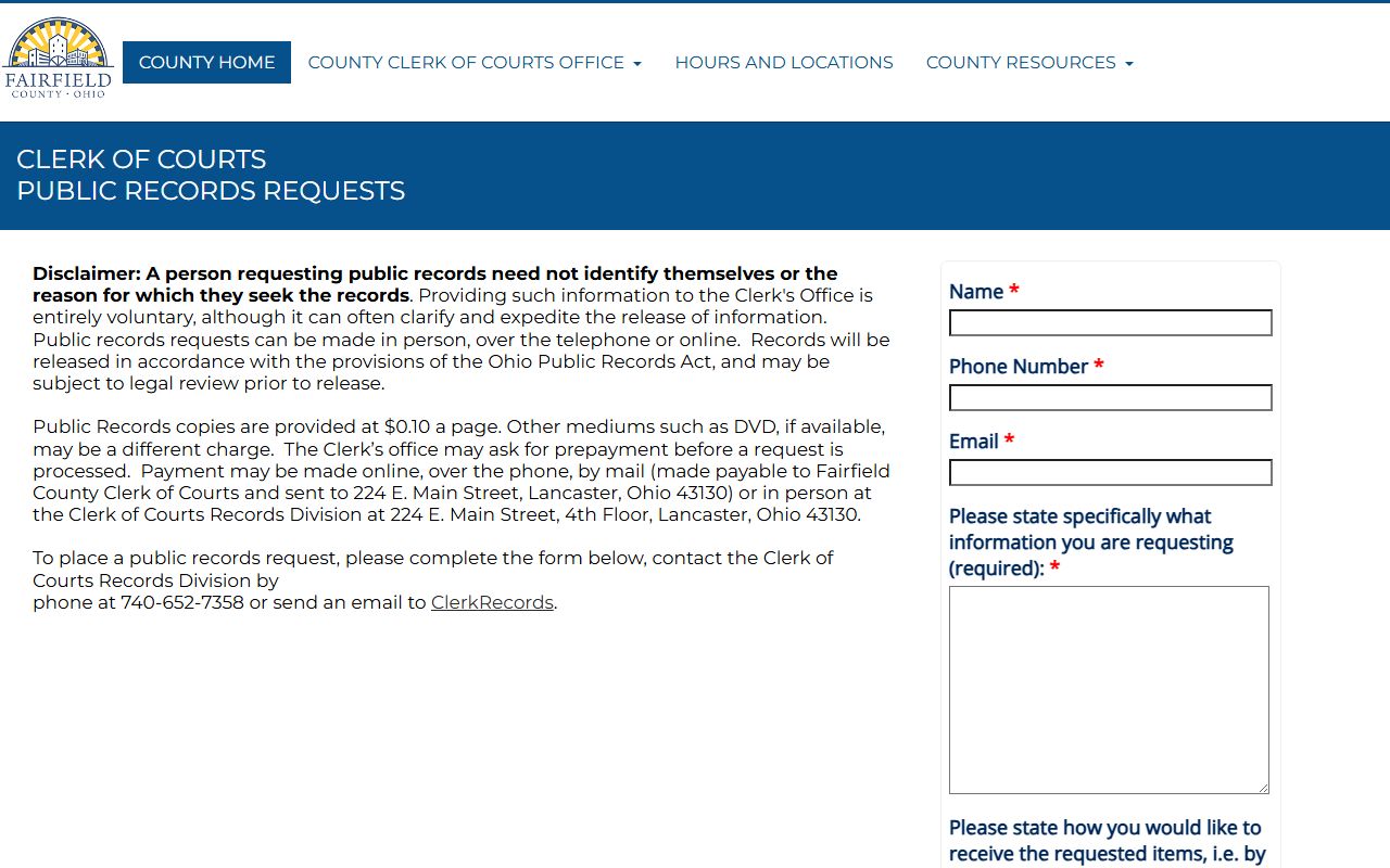 Fairfield County Ohio court docket records request page