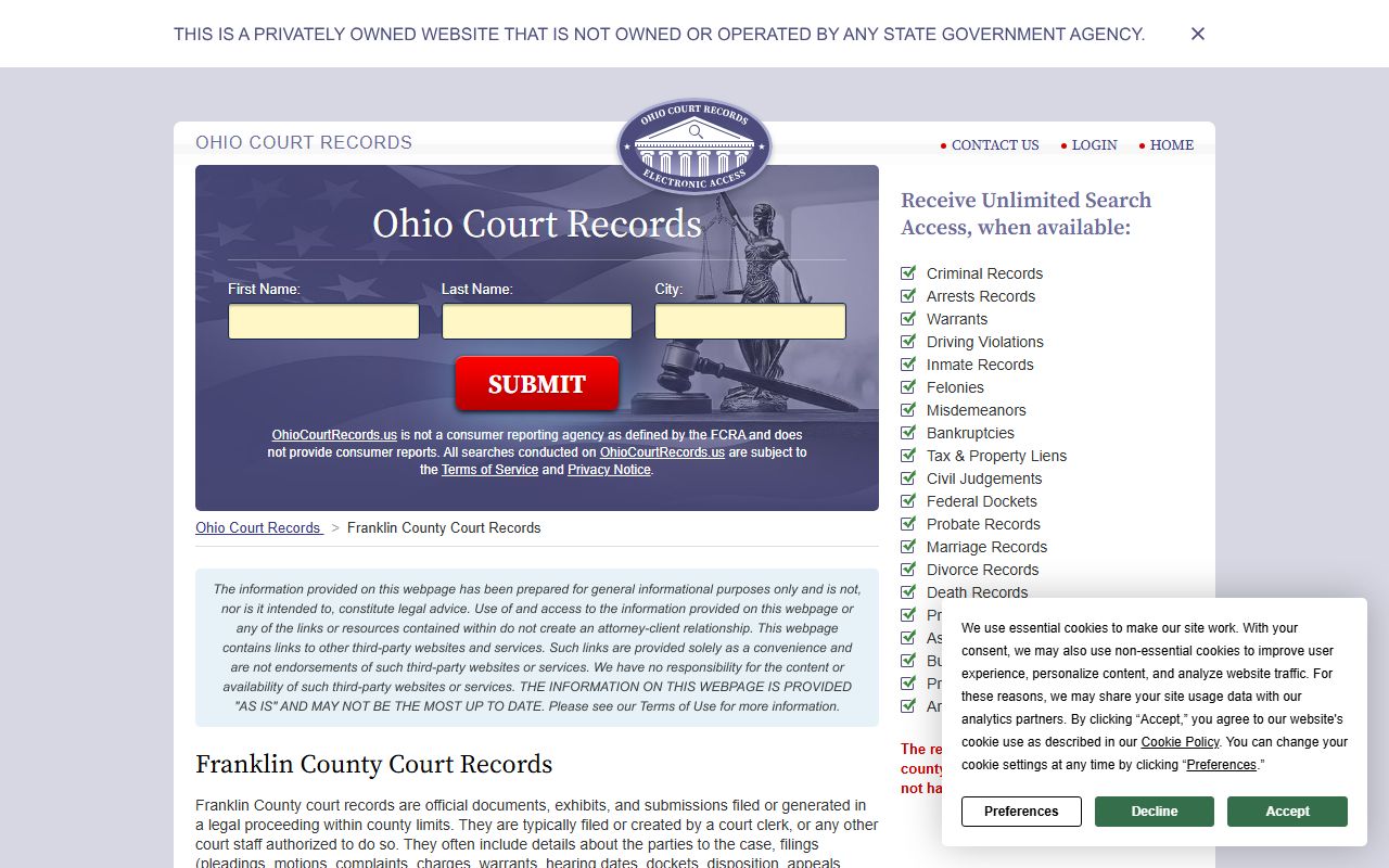 Franklin County Ohio court docket case information online portal