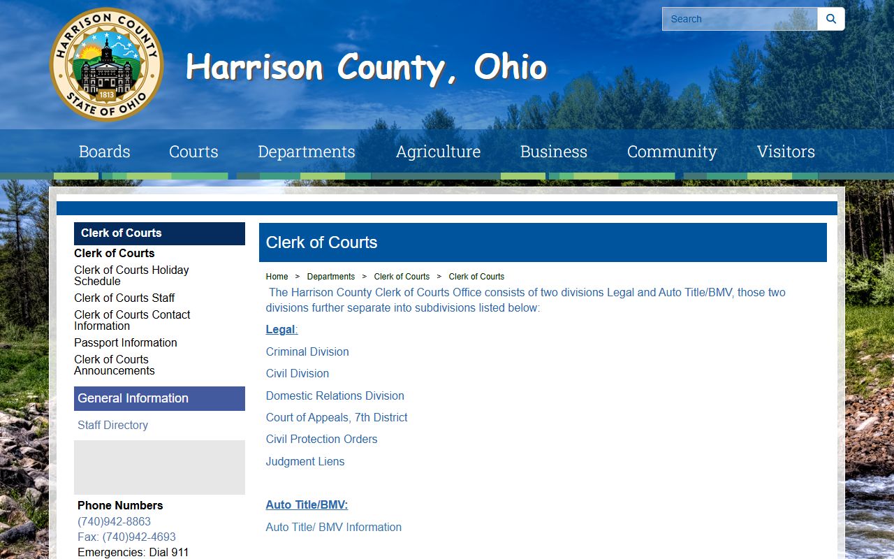 Harrison County Clerk of Courts official website showing court docket services