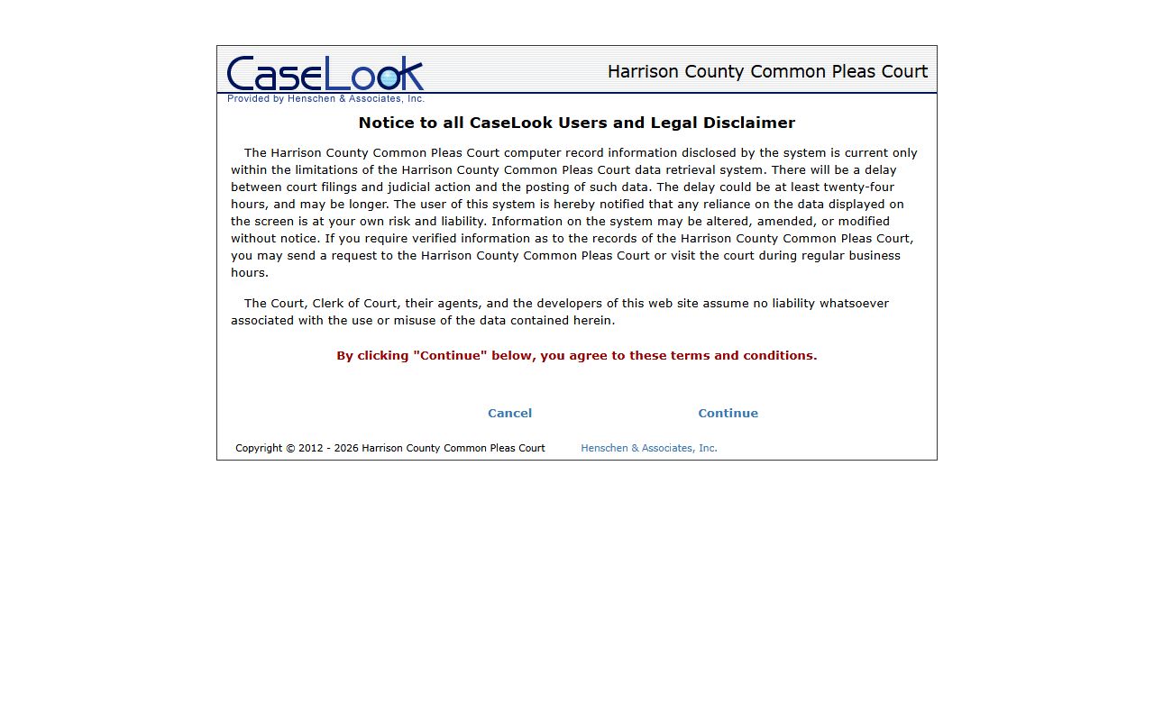 Harrison County Common Pleas Court online record search for court docket data