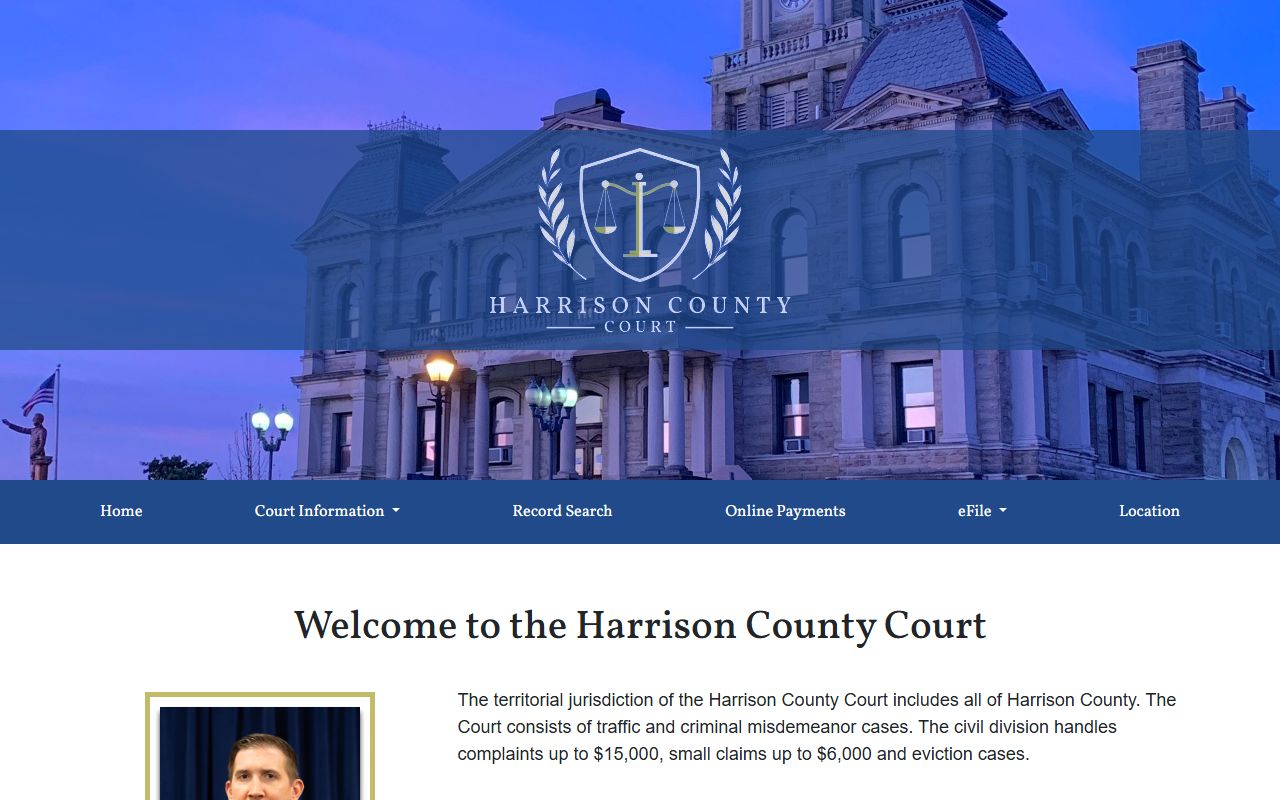 Harrison County Court website showing court docket information and contact details