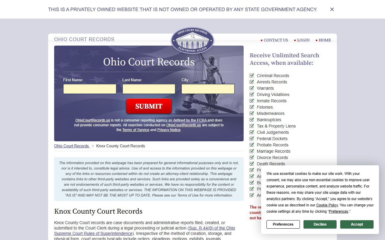 Knox County Ohio court docket records search page