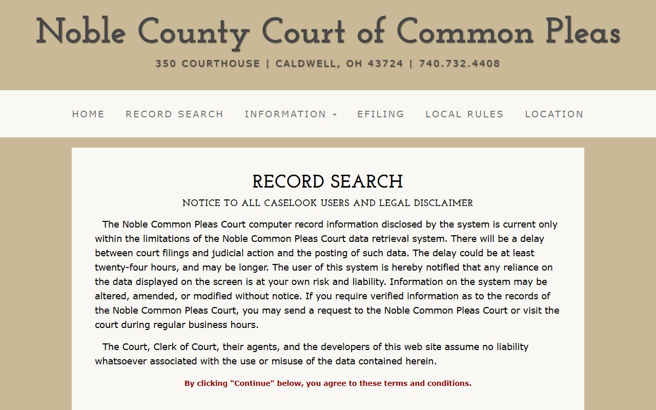 Noble County Common Pleas Court online record search for court docket