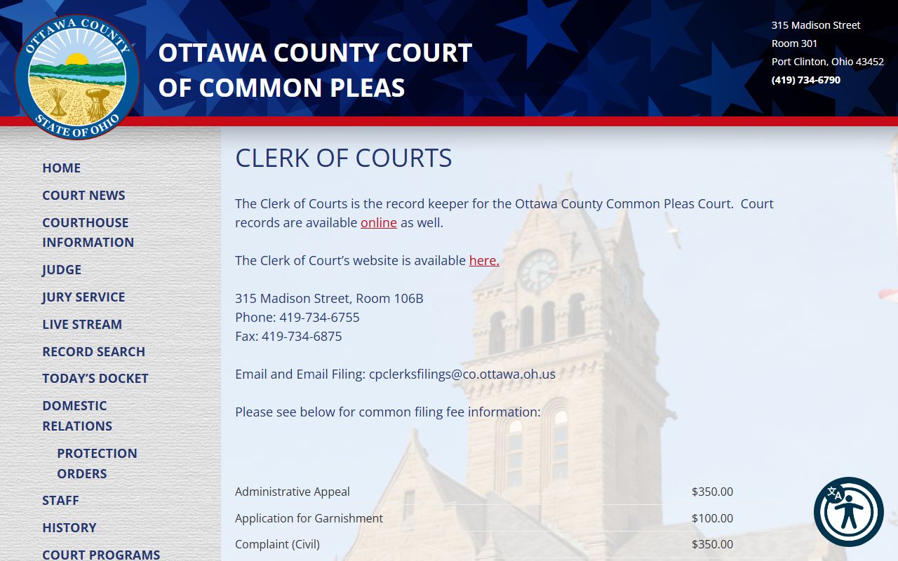 Ottawa County Ohio Clerk of Courts homepage
