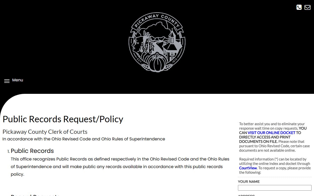 Pickaway County Clerk of Courts public records request page for court docket