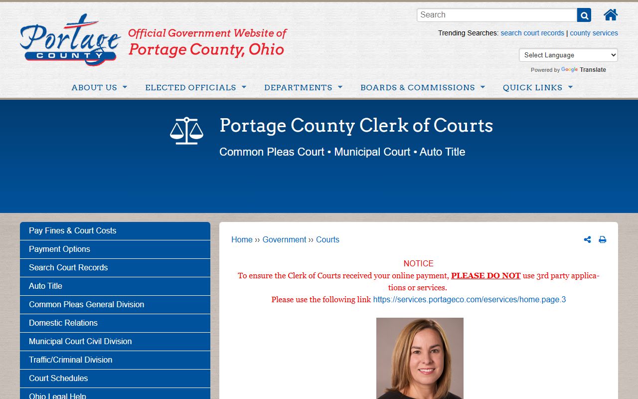 Portage County Ohio court docket Clerk of Courts page