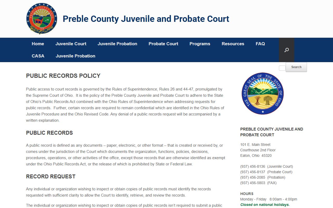 Preble County Ohio court docket public records request page