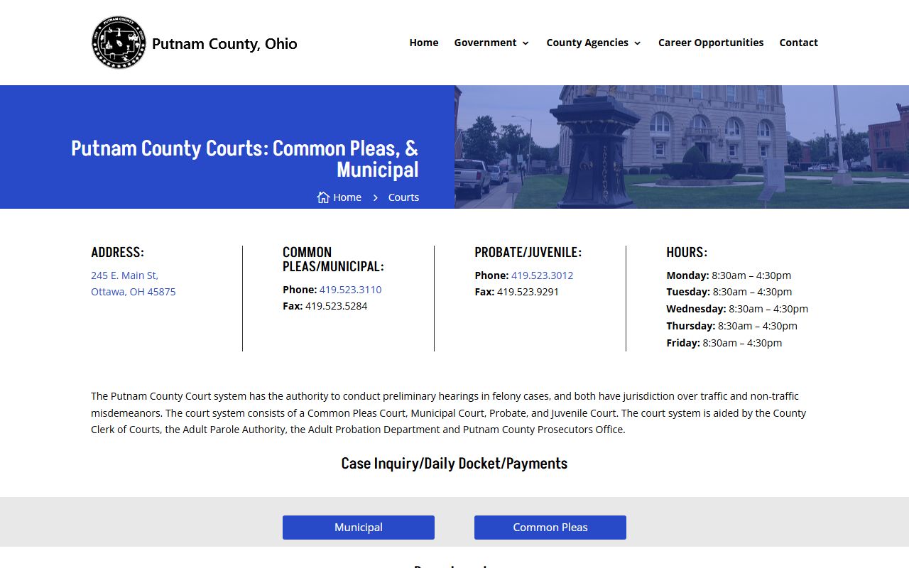 Putnam County Ohio court docket courts overview page
