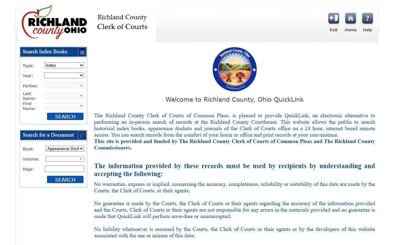 Richland County Ohio court docket QuickLink search portal