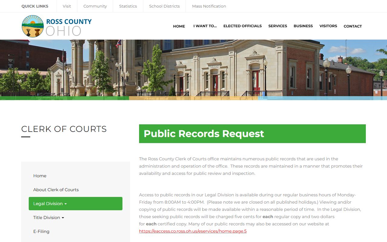 Ross County Ohio court docket public records request page