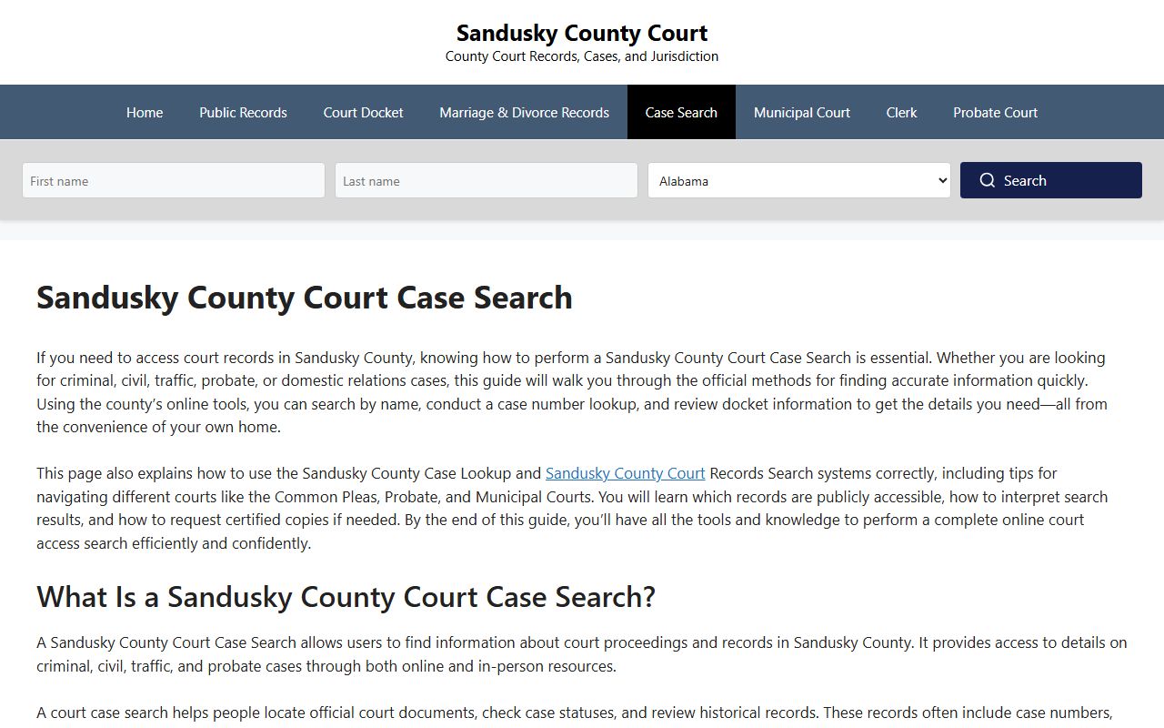Sandusky County court case search page for court docket records