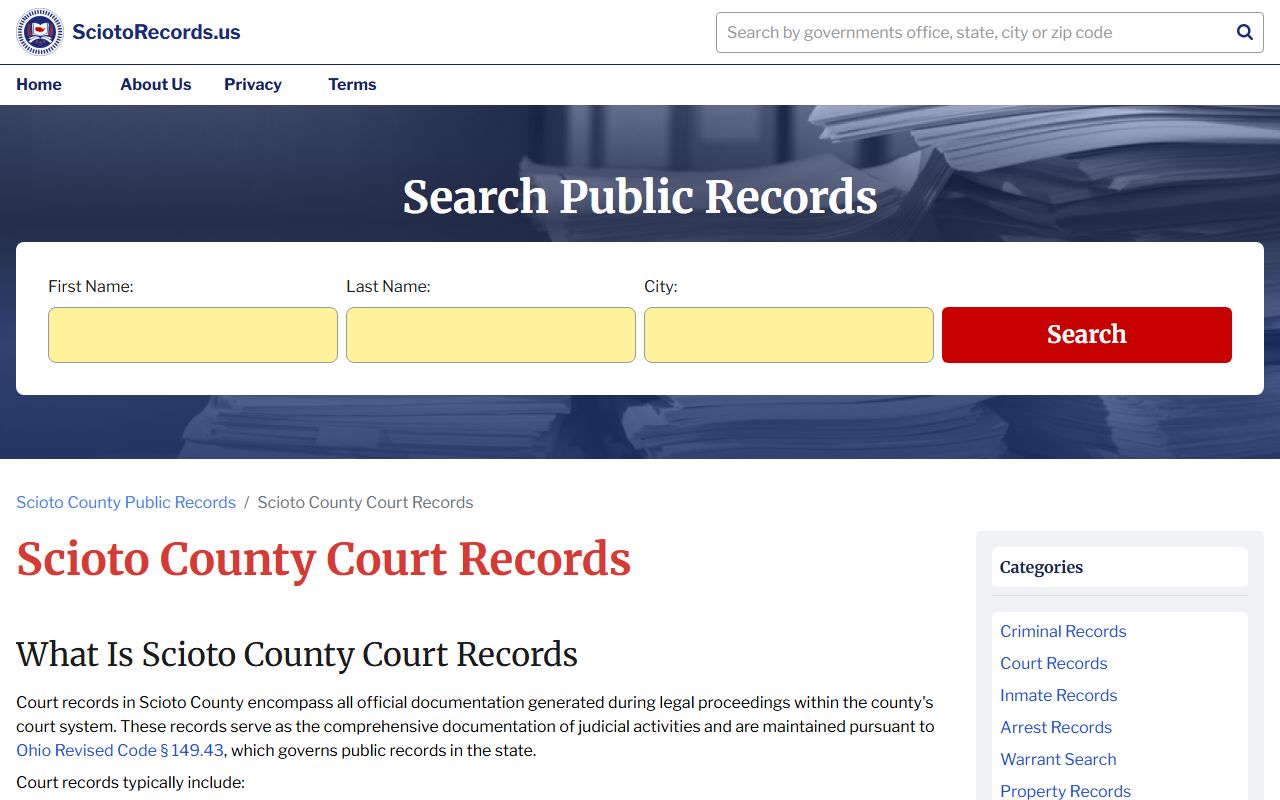 Scioto County records page for court docket access