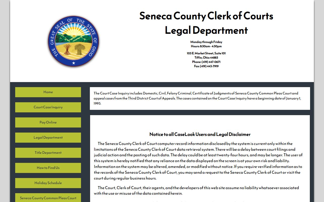 Seneca County record search page for court docket entries