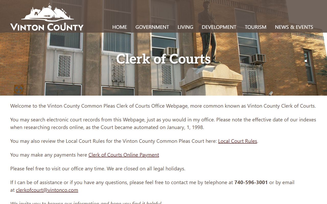 Vinton County Ohio Clerk of Courts court docket search page