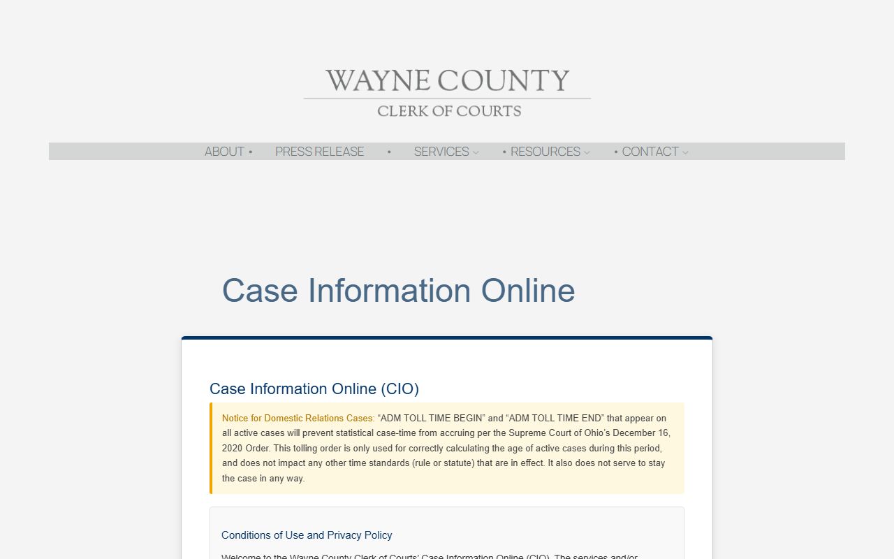 Wayne County Ohio case information online search portal