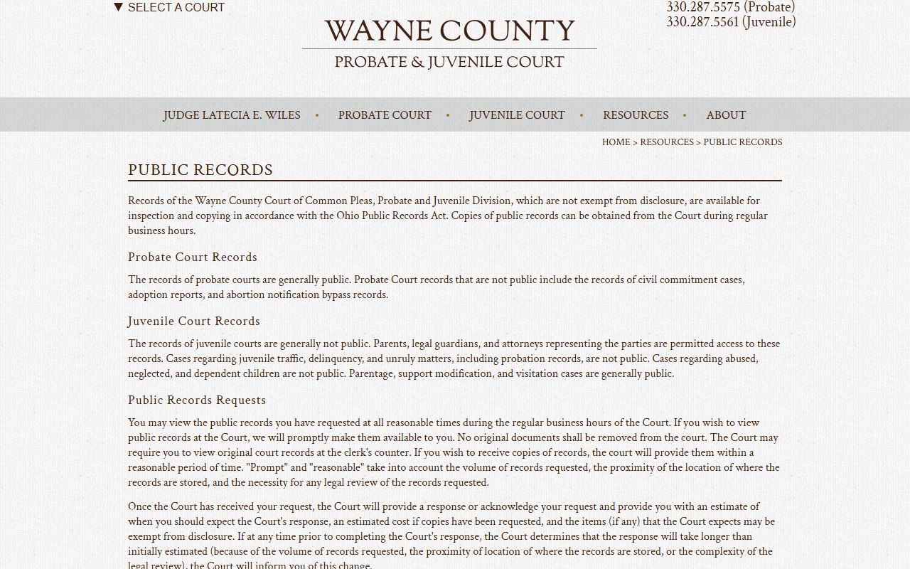 Wayne County Ohio Probate and Juvenile Court public records page